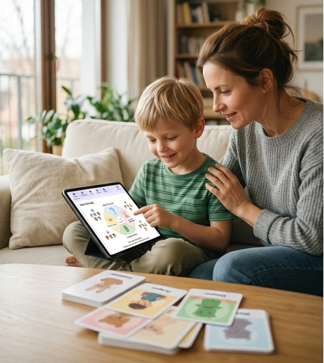 Child using app with cards
